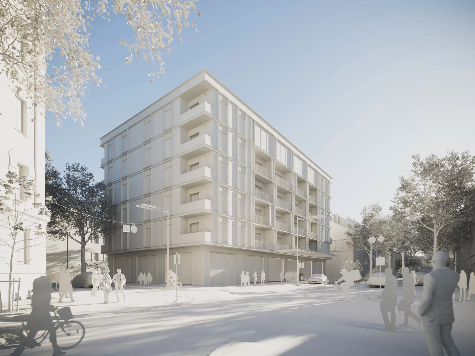 Clay render of a mixed-use building showing untextured 3D geometry in grayscale, used as a modeling checkpoint before texturing